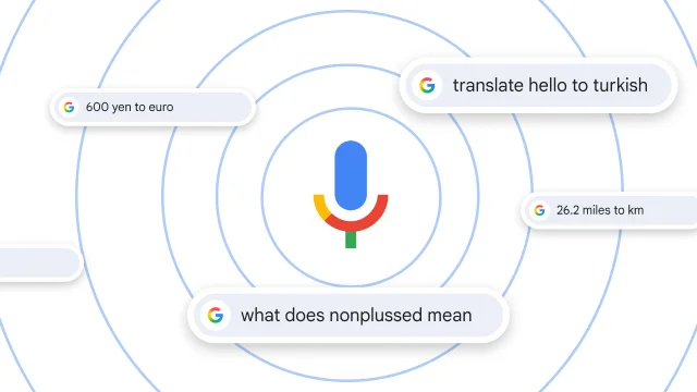 A microphone is surrounded by various voice searches.